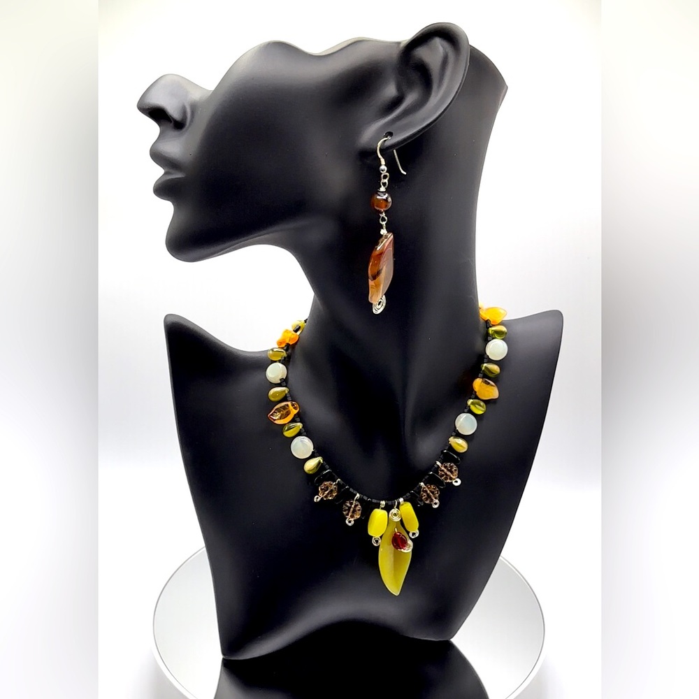 *RARE* Mixed Gemstone S925 Wire Tropical Tribal Themed Necklace Earring Set